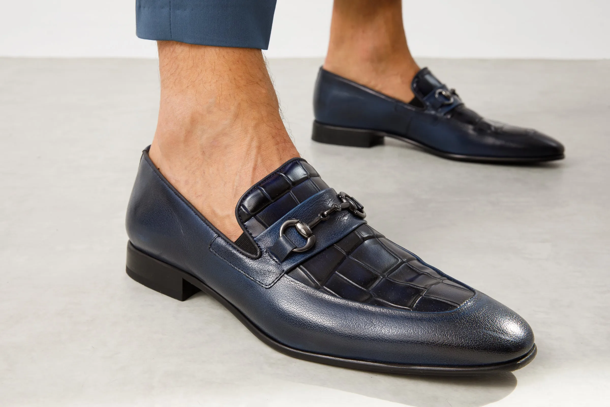 The Pusan Navy Blue Leather Bit Loafer Men Shoe