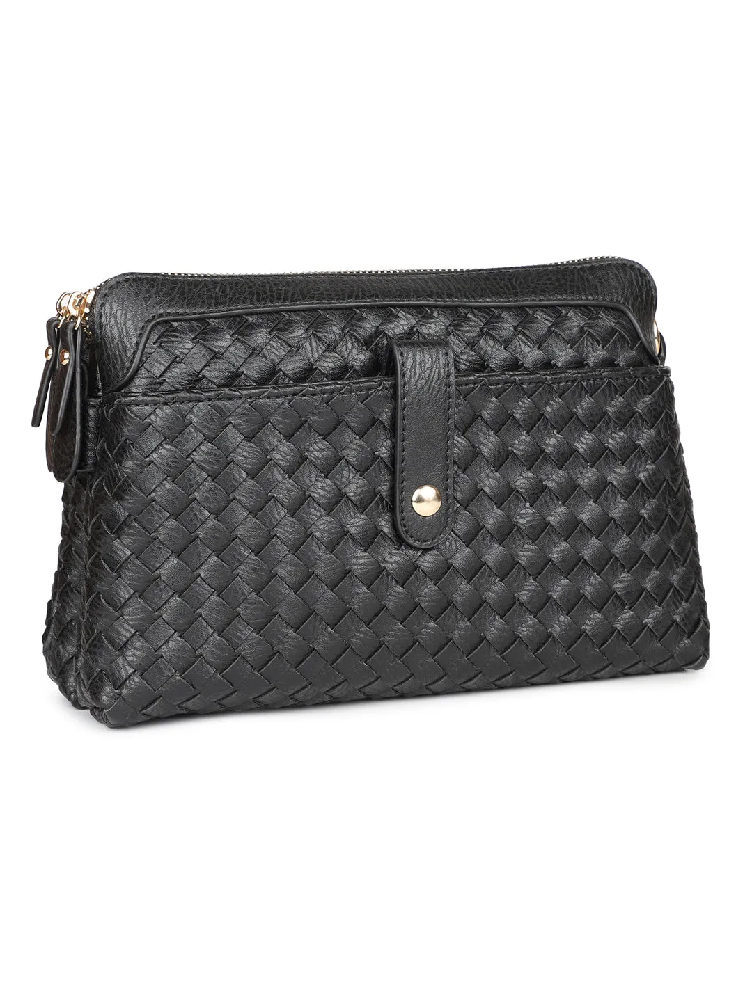 Women Black Textured Design Sling Bag With Zip