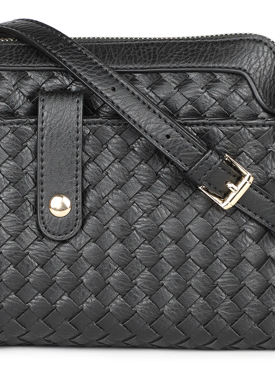 Women Black Textured Design Sling Bag With Zip