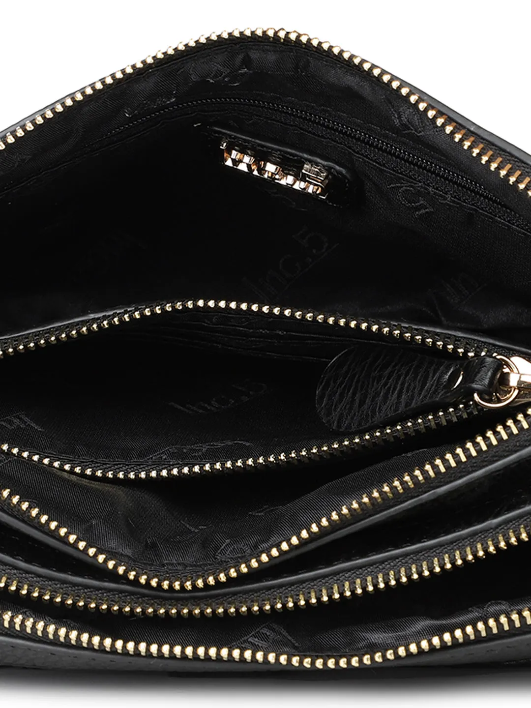 Women Black Textured Design Sling Bag With Zip