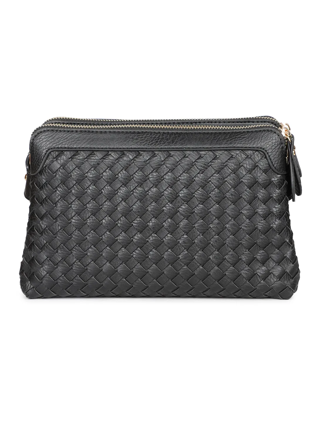 Women Black Textured Design Sling Bag With Zip