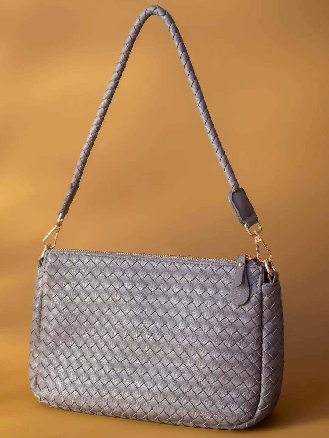 Women Light Grey Woven Design Structured Sling Bag