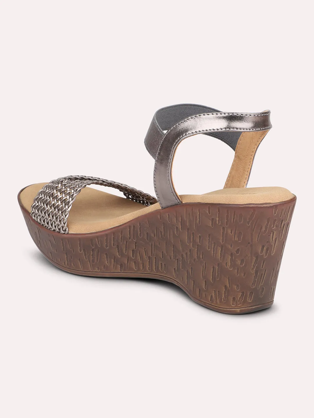 Women Pewter Woven Design Wedges Heels