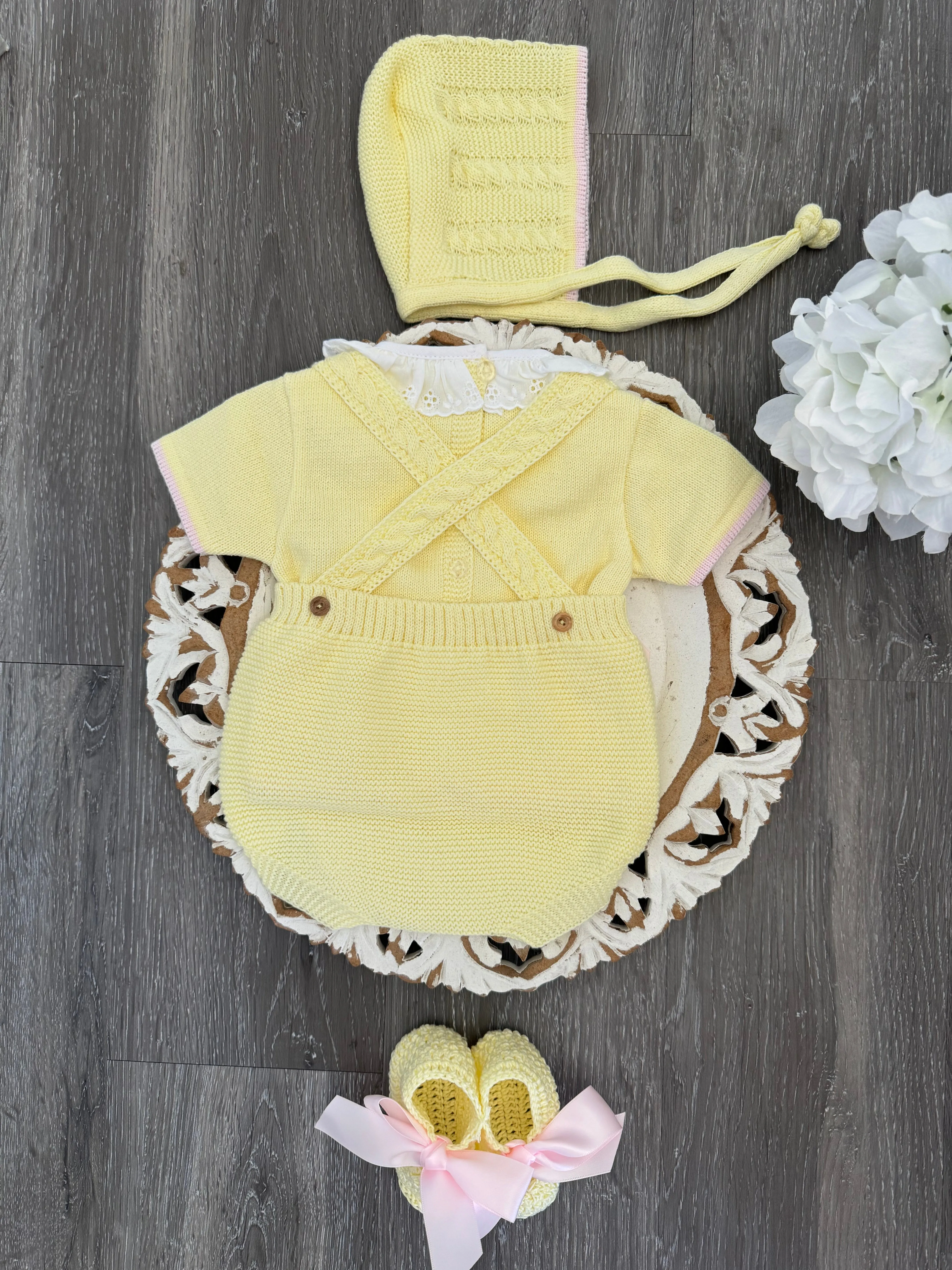 Yellow and Pink Double Bow Short Knitted Romper Set