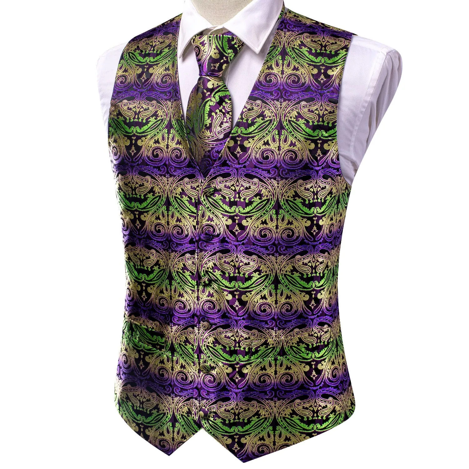 Yellow Green Purple Paisley Silk Men's Vest Hanky Cufflinks Tie Set Waistcoat Suit Set